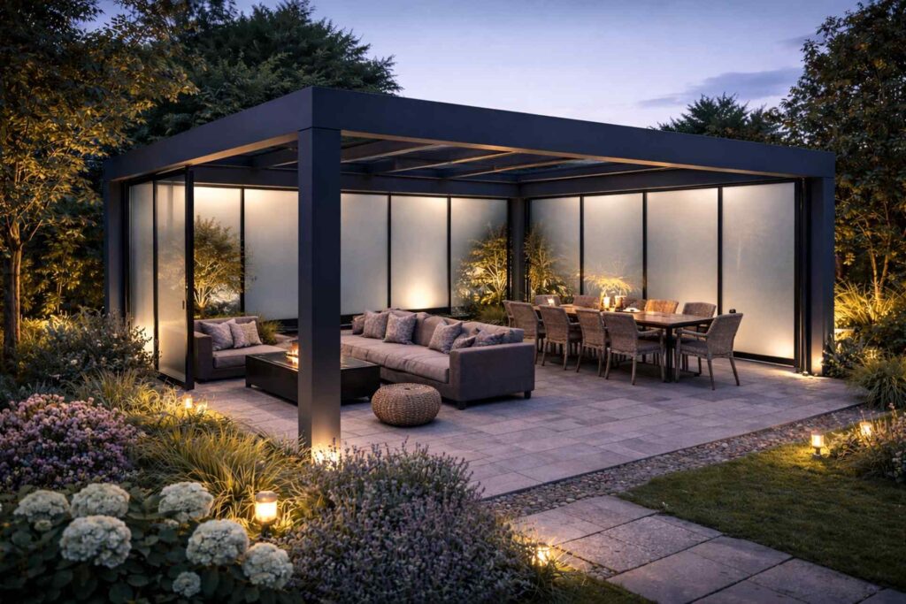 Pergola mit LED-Beleuchtung und seitlichen Sichtschutzelementen im Garten