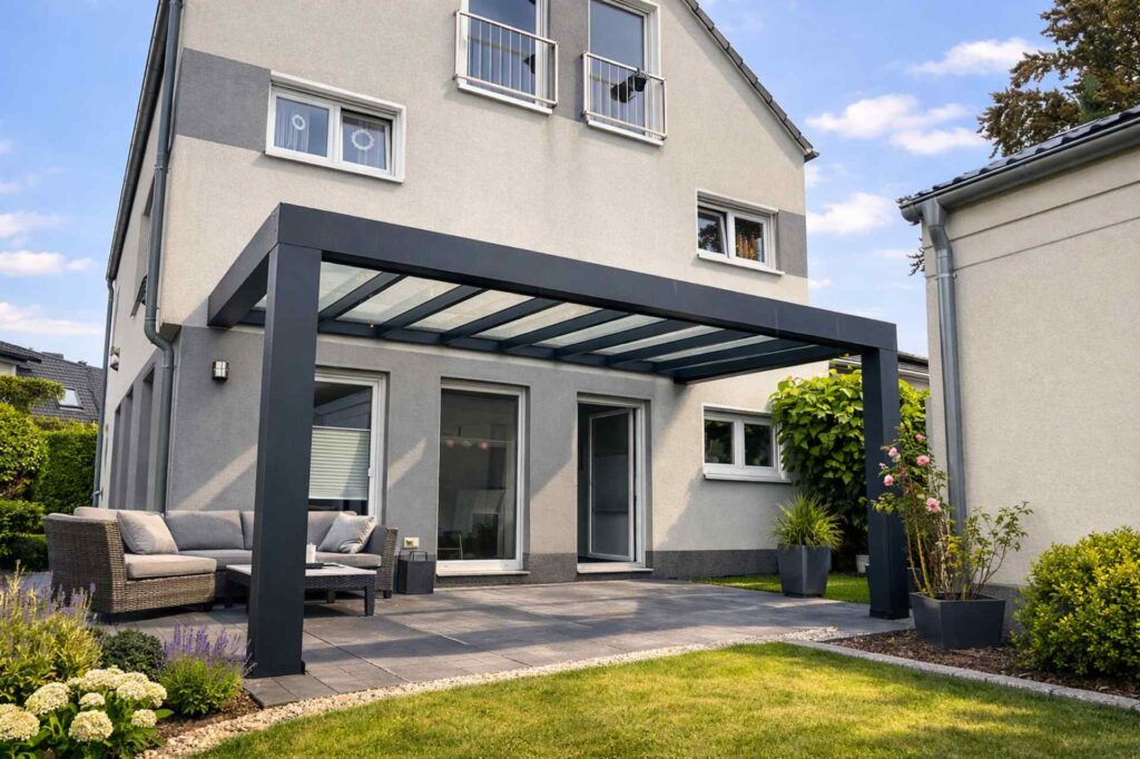 Terrassenüberdachung aus Aluminium mit Glasdach am Einfamilienhaus