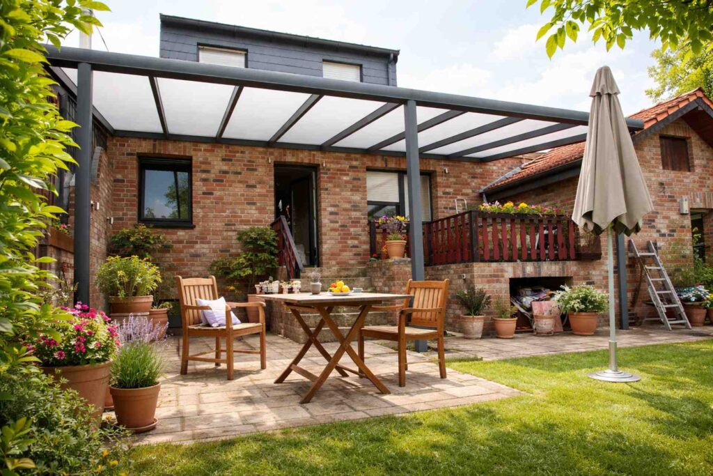 Terrasse mit Aluminiumüberdachung und Sitzbereich im Garten