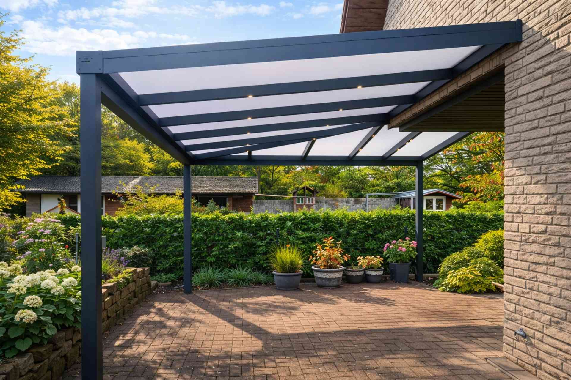 Freistehende Aluminium-Terrassenüberdachung mit Milchglasdach im Garten