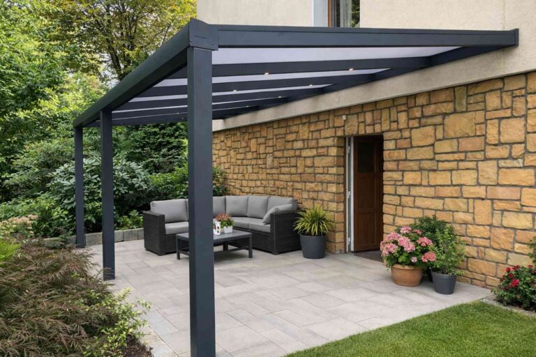 Terrassenüberdachung aus Aluminium mit integrierter Beleuchtung an Natursteinwand