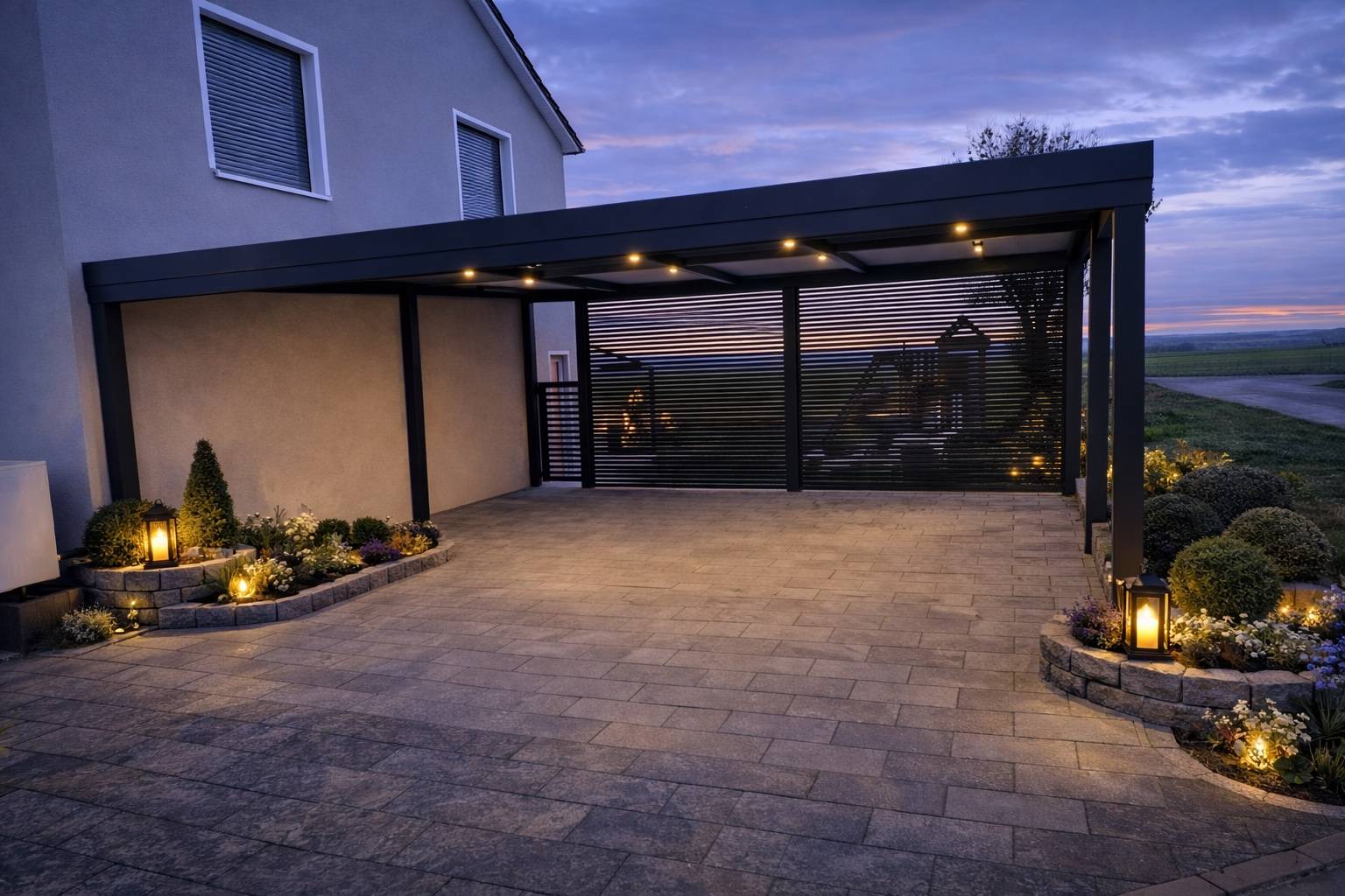 Moderner Carport aus Aluminium mit integrierter Beleuchtung und Sichtschutzelementen