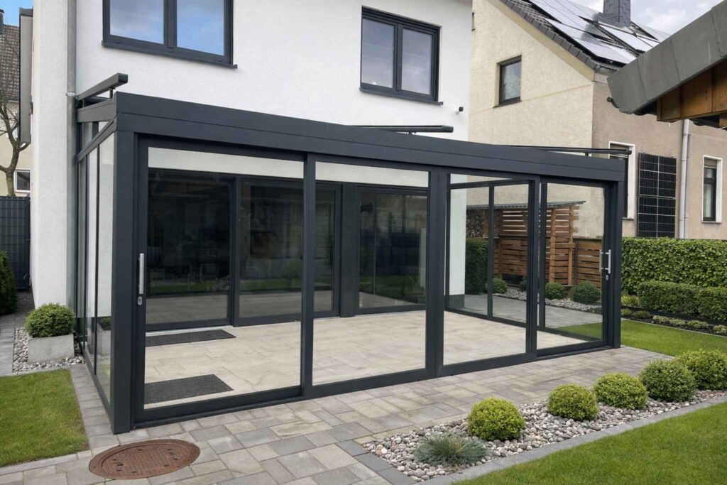 Moderne Terrassenüberdachung mit Glasschiebetüren und Seiteneingang an einem Wohnhaus