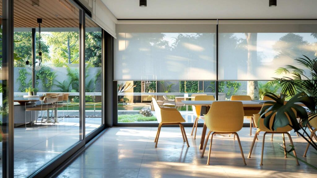 Innenbereich mit Terrassenüberdachung und großen Glasflächen sowie Sonnenschutz