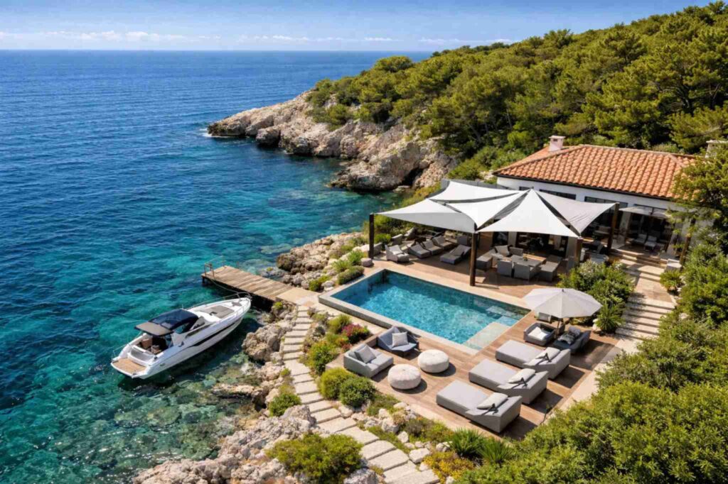 Terrassenüberdachung mit Sonnensegeln über Poolbereich an exklusiver Villa am Meer