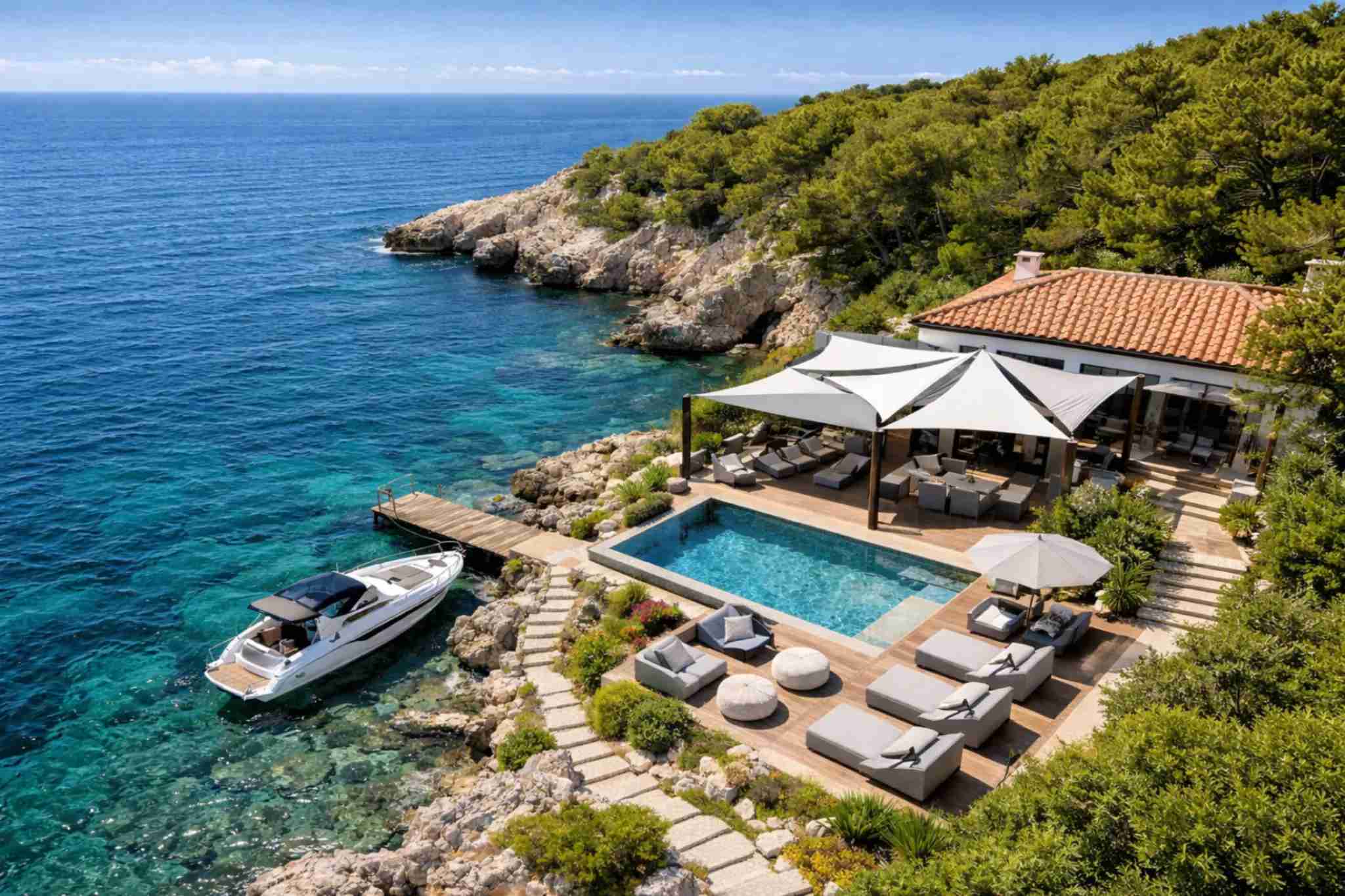 Terrassenüberdachung mit Sonnensegeln über Poolbereich an exklusiver Villa am Meer