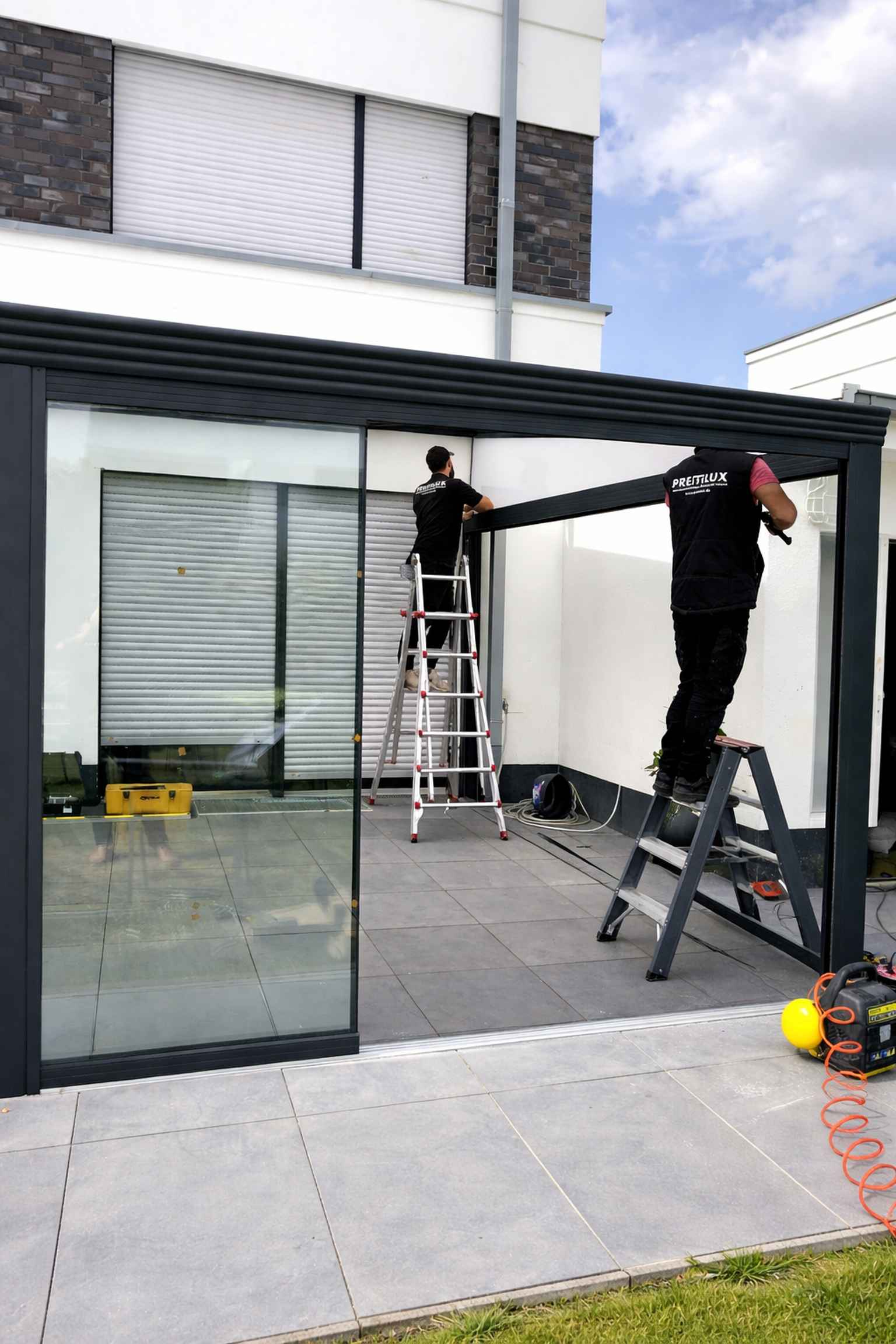 Montage einer Terrassenüberdachung mit Glasschiebetüren am Einfamilienhaus