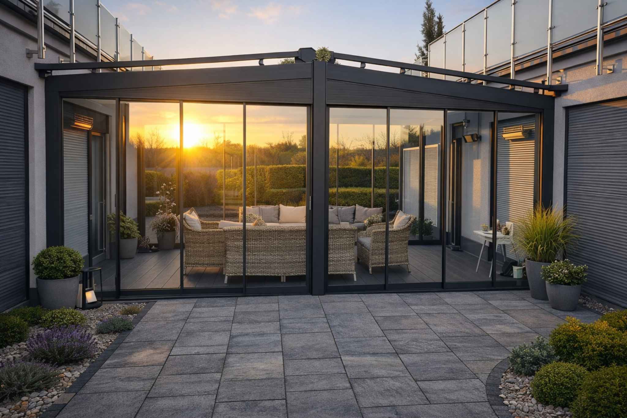 Terrassenüberdachung mit Glasschiebesystem und Loungemöbeln bei Sonnenuntergang