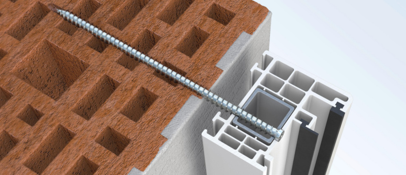 Detail einer Befestigung für Terrassenüberdachung an einer Ziegelwand mit Schraubanker