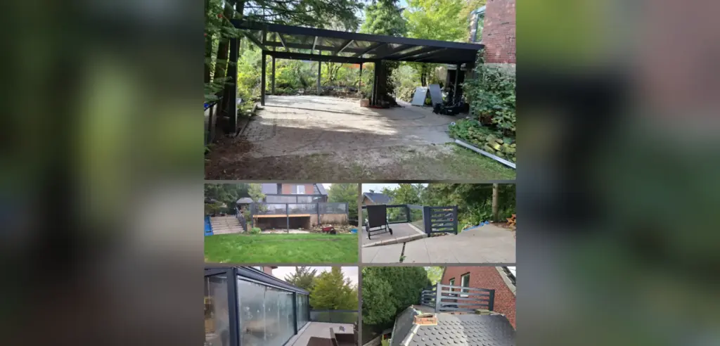 Collage des Projekts in Billerbeck: Carport für 3 Autos, hochliegende Terrasse mit Glas-Alu-Geländer, Wintergarten mit Glasschiebewänden und Alu-Geländer an der Dachterrasse