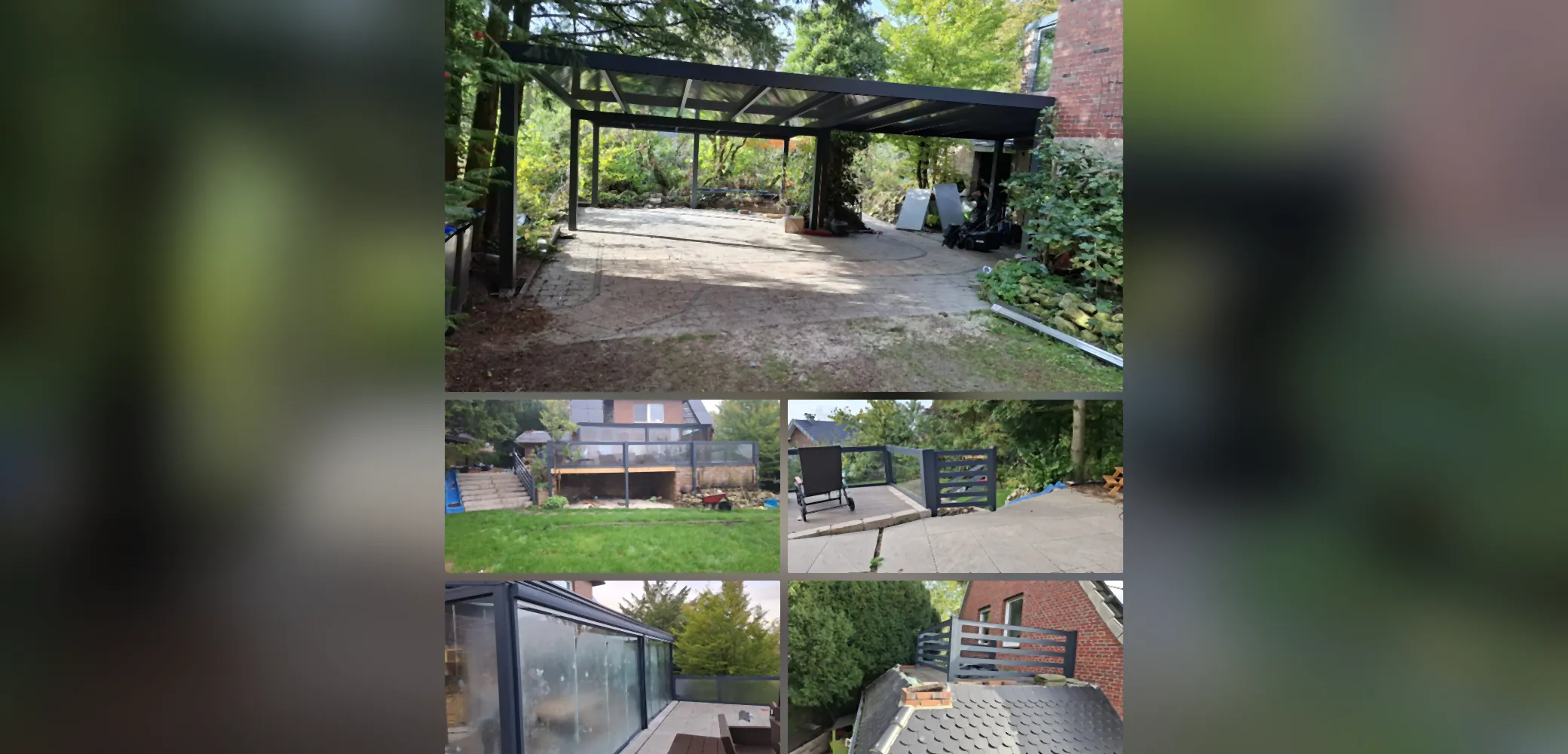 Collage des Projekts in Billerbeck: Carport für 3 Autos, hochliegende Terrasse mit Glas-Alu-Geländer, Wintergarten mit Glasschiebewänden und Alu-Geländer an der Dachterrasse