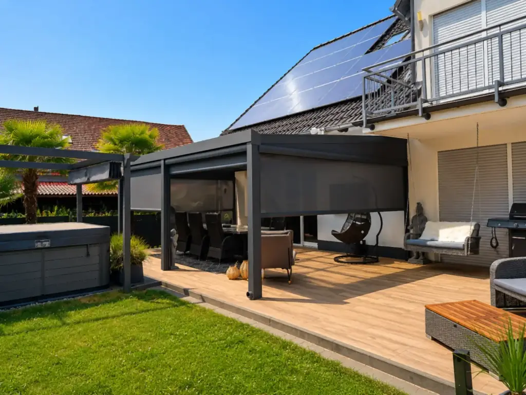 Terrassenüberdachung aus Glas mit heruntergelassenen Senkrechtmarkisen in Gelsenkirchen
